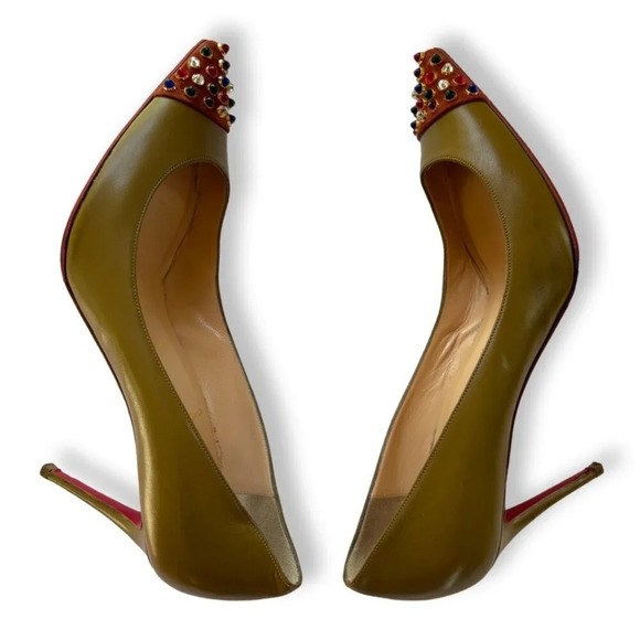 Christian Louboutin RARE Olive Green Cabo Pointed Pumps Jewelled Cap Toe EU 39.5 - Picture 8 of 15